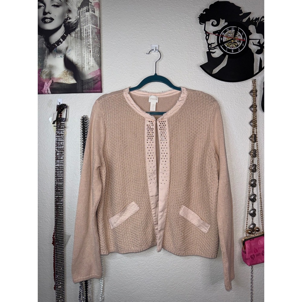 Chico's Open Front Cardigan Sweater Size 2 Large Blush Pink Shimmer Studded